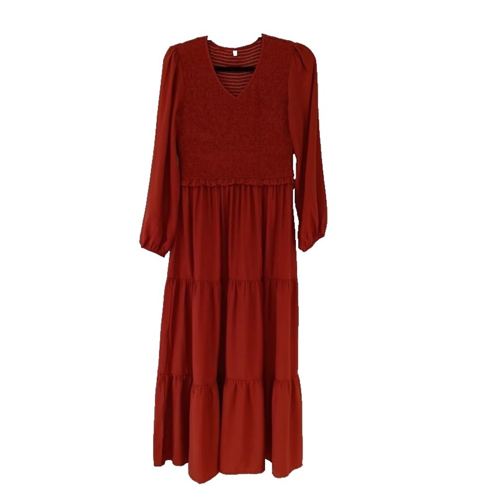 Rust Smocked Long Sleeve Maxi Dress Small S V-Neck Tiered Stretch Waist Orange